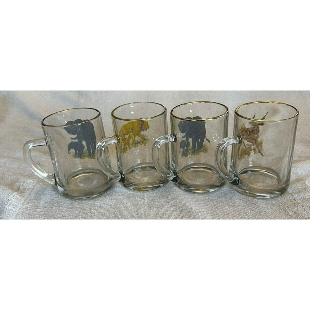 Beer Cocktail Mug Stein Glass Antelope, 2 Elephant and Lion, w/babies set of 4